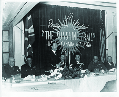 (left to right) Unknown; Col John Chennault, C.O. US Army Air Corp, Great Falls, MT; Viscount General Harold Alexander, Governor General of Canada; E.R. McFarland, President, Lethbridge Chamber of Commerce;  James J Flaherty, President , Montana Chamber of Commerce; Unknown Canadian Officer; Unknown.