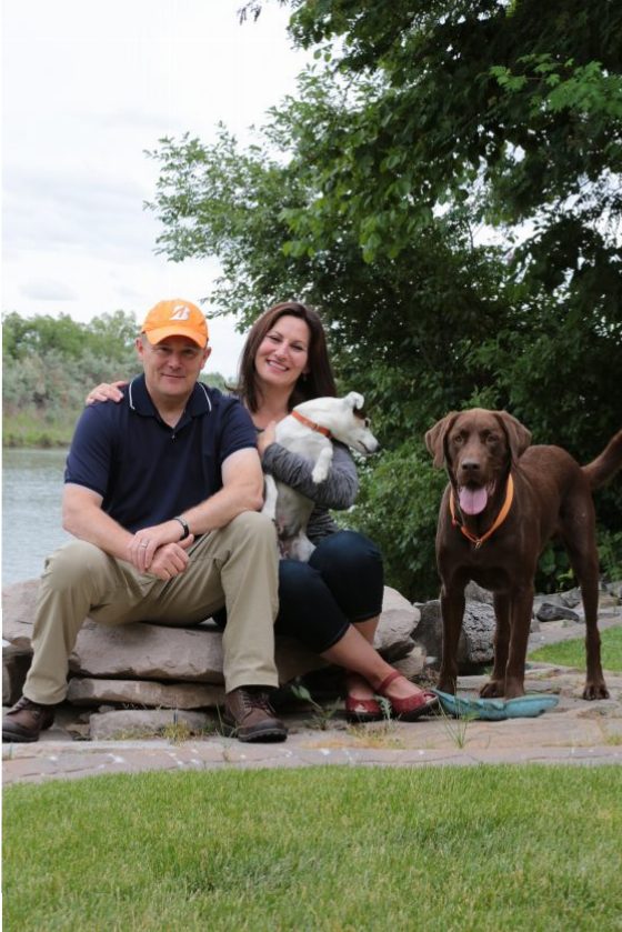 The Devers, their chocolate lab, and especially their Jack Russell Terrier, ready to hit the Rivers Edge Trail.