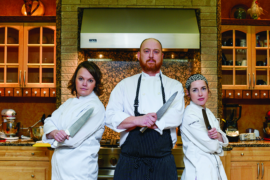 Up to the Challenge: Chandee Bomgardner, Kevin Towers, and Linelle Lee prepare to test their skills. “Winning doesn’t make you a better chef. It’s more of a personal challenge. It’s you against the basket and the clock,” says Towers.