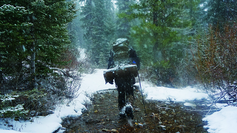 One last creek crossing below an avalanche chute on the way home. Elements and terrain like this make me appreciate quality, weather-ready boots and clothing. Hanwag boots from Lathrop and Sons and quality gaiters from Kenetrek are a tough combination to beat for early season, cold weather packing