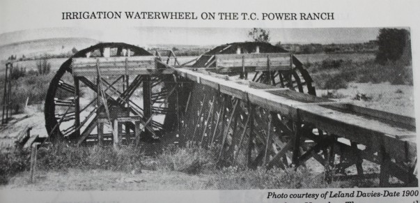 These waterwheels on the Sun River were offset and a flume channeled water to ditches.  Photo taken from a history of the Sun River area and found at the Great Falls Genealogy Society, Montana Room of the Great Falls Public Library.